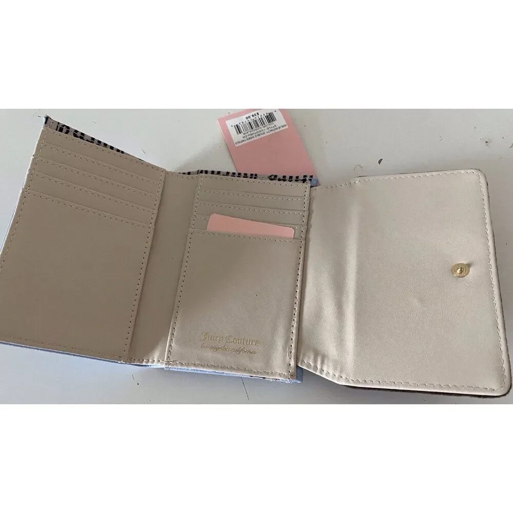 JUICY COUTURE GIRLIE ROYALTY Double Sided Trifold Wallet‎ Chocolate Blue NEW